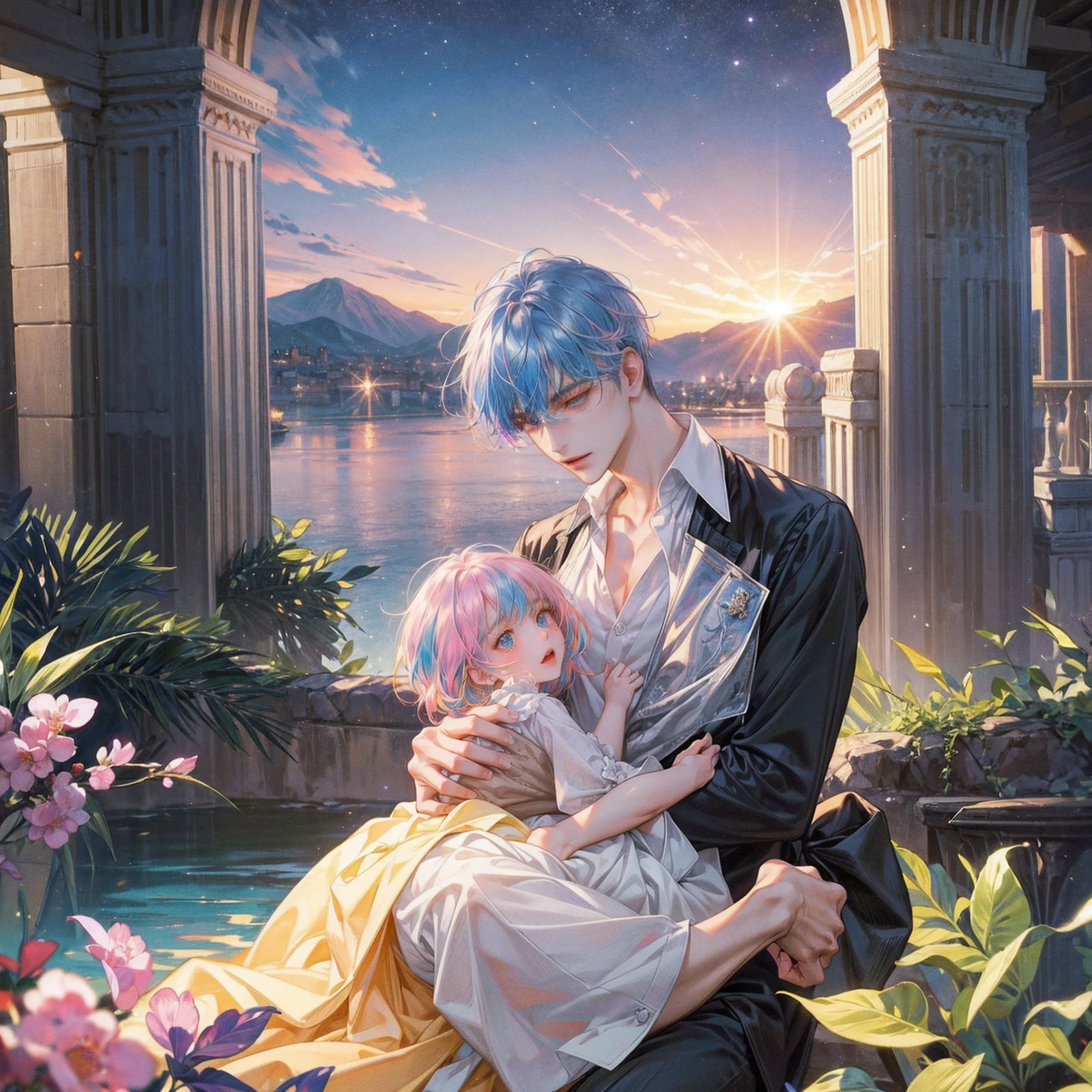 EbonyGoldAIのmasterpiece, 最high quality, high quality, High resolution, (((Beautifully detailed skies))),, growな(grow, wonderful), vision(View), wonderful光景, High resolution, ((Best Shadow)), Night Sky, moonlight, ((Super detailed)), (Best illustrations), ((Very delicate and beautiful)), Dynamic Angle,high qualityの画像品質, quiet, far_Away{{masterpiece}}, 最high quality, Very detailedな CG ユニティ 8k 壁紙, Cinema Lighting, Lens flare, Beautiful details in the eyes, black, Sideways glance, Multicolored Hair, colorful light, particle, Heterochromia iridis, (colorful:1.5), (colorful hair:1.5),{{masterpiece}}, 最high quality, Very detailedな CG ユニティ 8k 壁紙, Cinema Lighting, Lens flare, Beautiful details in the eyes, black, Sideways glance, Multicolored Hair, colorful light, particle, Heterochromia iridis, (colorful:1.5), (colorful hair:1.5),masterpiece, 最high quality, Official Art, 8k wallpaper, Very detailed, Very delicate and beautiful, wonderful, In detail, masterpiece, Super detailed, High resolution,Best illustrations, Best Shadow,Complex,Sharp focus, high quality, A young father holds his young twin boys and girls in his arms tightly and warmly、Draw a scene filled with love and security.。My father is on his way home from work.、Children are innocent and carefree。In the background, a clear blue sky spreads out.、Italy in Summer、View of a stylish modern mansion in Venice。The bright sunlight illuminates the house and the sparkling sea.。 In fact, this３０The father of the generation was the former Constantine１This is the world.、The boy-girl twins are formerly Crispus and Fausta。The whole scene、atonement、Forgiveness、Healing、Purification、And the theme of repairing relationships was emphasized.、It expresses the moment when family love and bonds deepen.

