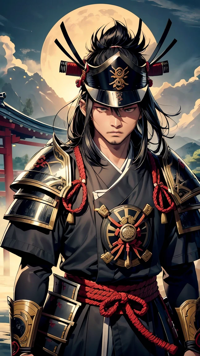 (8K, RAW Photos, Highest quality, masterpiece:1.2), High-quality RAW color photos, Professional photography, Concept Art, (((One young man))), A detailed samurai with a passionate expression, Detailed samurai armor, Detailed Japan sword, Beautifully detailed eyes and face, Intricate and intricate armor designs, Create a highly detailed and ultra-realistic 8K image of Date Masamune, a legendary samurai and warlord from Japan's Sengoku period. He should be depicted wearing his iconic armor with intricate details, including the distinct crescent moon helmet. The scene should capture a regal and commanding presence, highlighting his sharp, intense eyes and stern expression. Surround him with elements reflecting his era, such as traditional Japanese architecture or battlefields, with a backdrop of dramatic skies. Ensure the image has a high level of craftsmanship, with attention to texture, lighting, and historical accuracy.