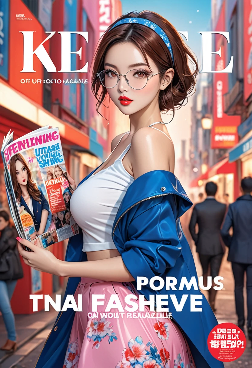 K-Comic Style,(8k, best quality, masterpiece), ultra-detailed, (high detailed skin),glossy skin, contrapposto, female focus, model, (hot:0.7), sexy, fine fabric emphasis, wall paper, crowds, fashion, Lipstick, depth of field, street, in public, Magazine cover, (title), (Magazine cover-style illustration of a fashionable woman), posing in front of a colorful and dynamic background. (The text on the cover should be bold and attention-grabbing, with the title of the magazine and a catchy headline),(hutaosl:1.2), blue jacket, pink skirt (transparent), white shirt,Black pantyhose, eyewear hang, red eyes,(long brown hair:1.1), blue hairband, off shoulder, open jacket, (good hands, nice hands:0.5),(beautiful_face), ((intricate_detail)),((finely_detailed)), fine_fabric_emphasis,((glossy)),