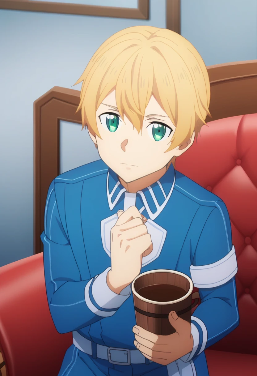 score_9,  eugeo, 1boy, bangs, blue shirt, blue uniform, blonde hair, blue eyes, closed mouth, eugeo, green eyes, long sleeves, looking at viewer, male focus, blue pants, solo