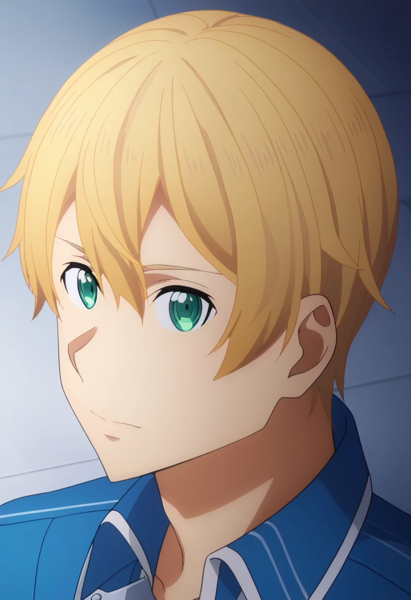 score_9,  eugeo, 1boy, bangs, blue shirt, blue uniform, blonde hair, blue eyes, closed mouth, eugeo, green eyes, long sleeves, looking at viewer, male focus, blue pants, solo