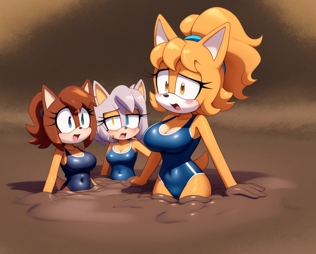 Mobian girls, best quality, HD, full body, large breasts, full shot, wide shot, sexy breasts, coyote girls, wolf girls, old school swimsuit, swimsuit, wet, blush, 5girls, group peril, multiple subject, lesbian, 5girls together, hair, 5girls wading, 5girls in quicksand, hair, dripping, hair, short hair, twintailsn, group, multiple girls, open mouth, masterpiece, sad, one-piece swimsuit, quicksand, sinking, 5 girls in quicksand, scream, wamudraws, group shot, portrait, ponytail, braid, curl hair, wamudraws