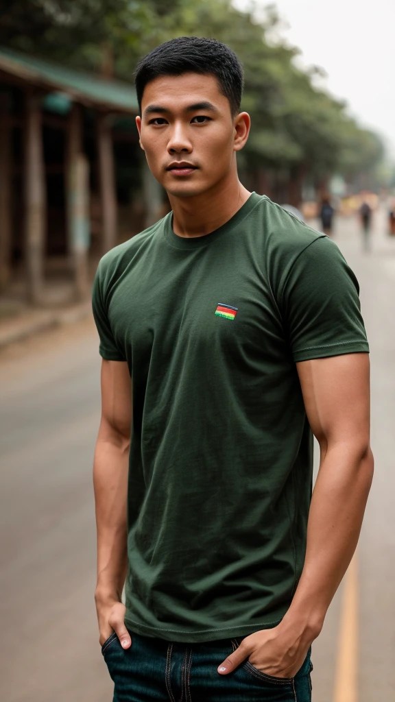 Thai man ,man,He is about 30 years old..,Rough and handsome appearance,large breastsj,Big waistline,buzz cut, angry, sullen, best quality, Masterpiece,(Have muscles:4.5),(best quality,high resolution,Masterpiece:1.2),The eyes are natural and delicate..,1 person,alone,gay asian,muscle,Long legs,brave,short hair details,conjunctivitis ,strong,brown eyes, (outdoor background road :1.5),in the market,sit (dark green t-shirt:1.3),Jeans