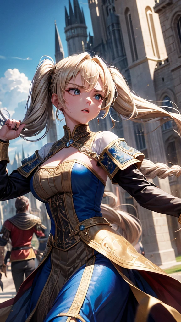 “Create a high-resolution, dynamic scene set in medieval Europe. The central figure is a glamorous woman with long blonde hair styled in twin tails, each adorned with braids. She has striking gray eyes and wears a suit of armor. In one hand, she wields a sword with confidence. The background features a majestic medieval European castle under a bright blue sky dotted with clouds. The scene captures her in a moment of fearless combat, evoking the epic feel of a movie. Pay attention to intricate details and ensure the image is vibrant and full of energy.”