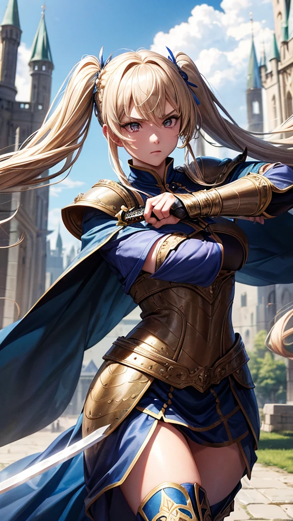 “Create a high-resolution, dynamic scene set in medieval Europe. The central figure is a glamorous woman with long blonde hair styled in twin tails, each adorned with braids. She has striking gray eyes and wears a suit of armor. In one hand, she wields a sword with confidence. The background features a majestic medieval European castle under a bright blue sky dotted with clouds. The scene captures her in a moment of fearless combat, evoking the epic feel of a movie. Pay attention to intricate details and ensure the image is vibrant and full of energy.”