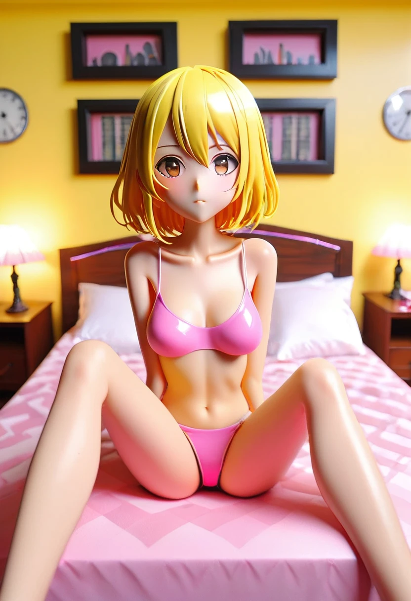 a beautiful girl, ten years old, black skin, yellow hair, small breasts, sexual body, naked, wearing a pink latex micro skirt, micro thong panties, lying on the bed, having sex with five men