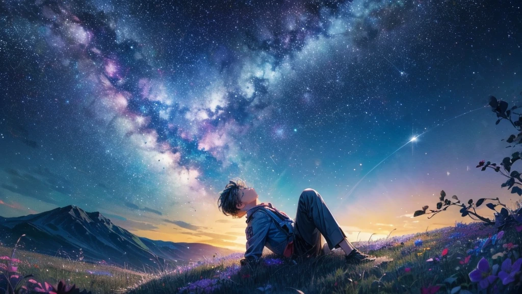 Describe a scene in which a cute boy character is lying on a grassy hill, Look up at the starry sky. Surround him with colorful nebulae and his favorite constellations.