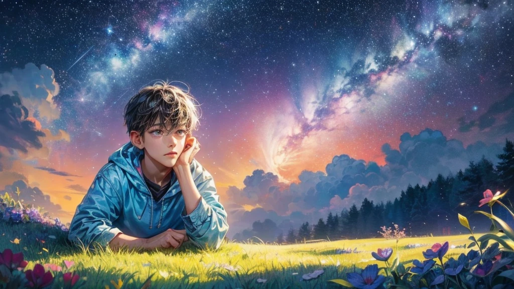 children's cartoon, 17-year-old boy, looking at the starry night sky, detail-oriented