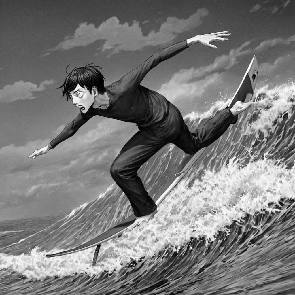 1man, board surfing, sea (anime), bizarre scenario, This is Junji, Yusuke Murata, black and white, 8K, anime, horror