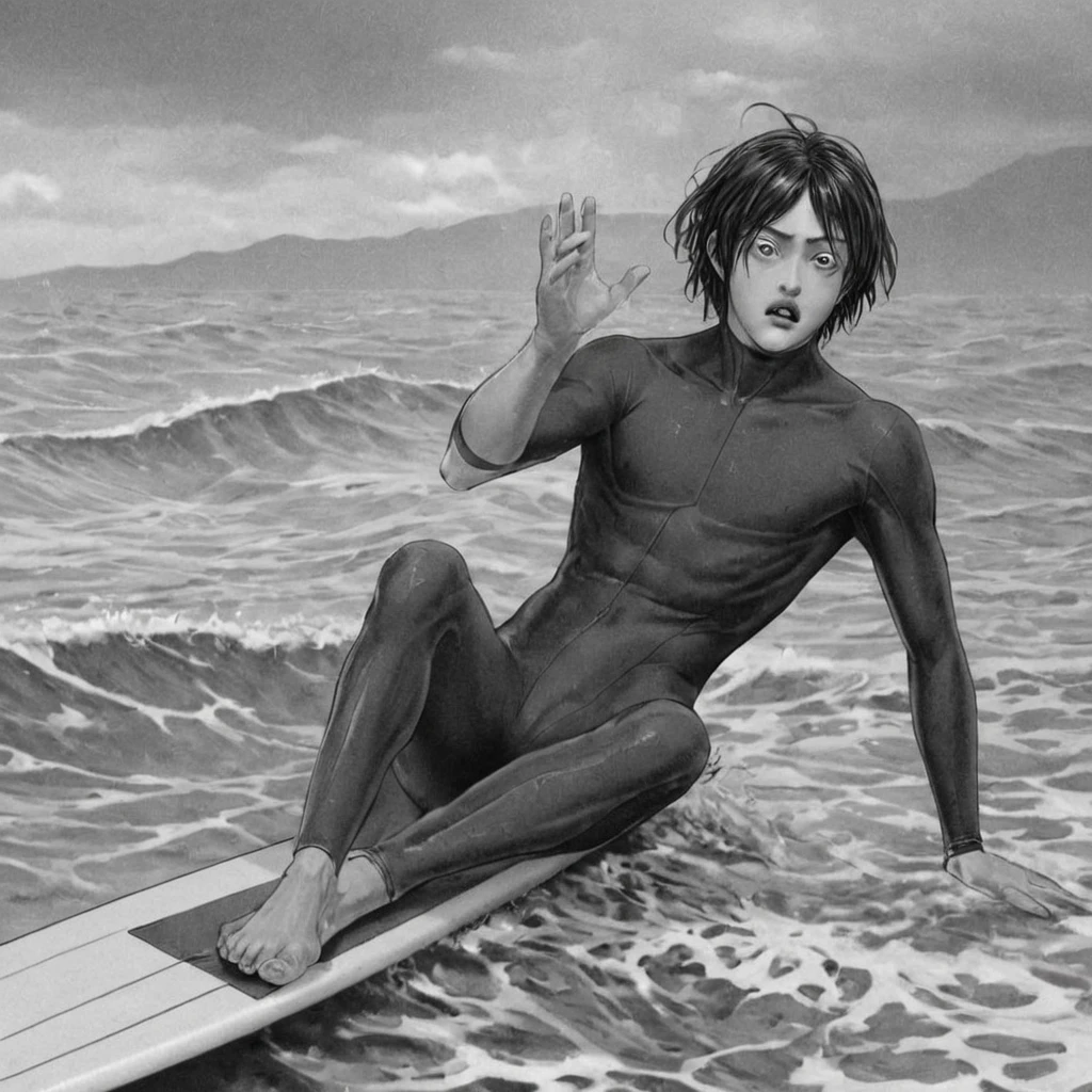 1man, board surfing, sea (anime), bizarre scenario, This is Junji, Yusuke Murata, black and white, 8K, anime, horror