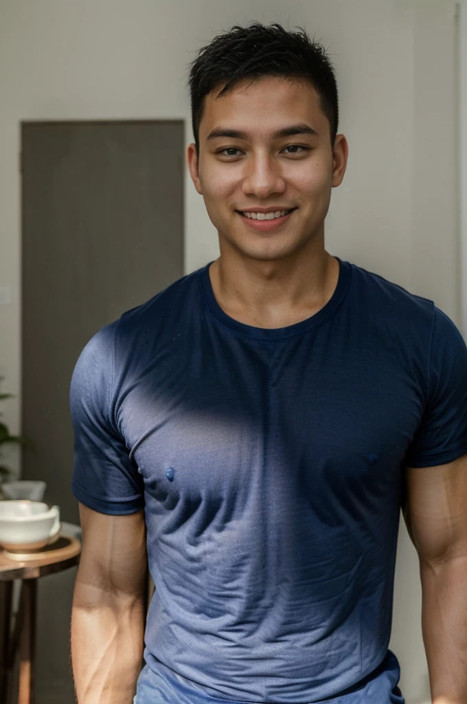 ((Highest quality, 8K, Masterpiece: 1.3))、Thailand Laos Burma Asia, Thai man, A handsome Asian rugby player with short hair, a muscular beard, and big muscles., １A man who has、 yo、Good appearance、Beautiful nose、smile、 Detailed eyes and face、beautiful light、(studio)、high resolution、（Look at the viewer.）、Fine mouth、smile、whole body: 1.5, perfect shape: 1.3, Picture of both shoulders:1.3, Navy blue round neck t-shirt:1.5