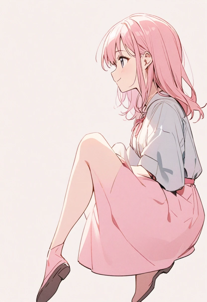 A pink-haired girl with a gun pointed at her head from the side、smile、whole body
