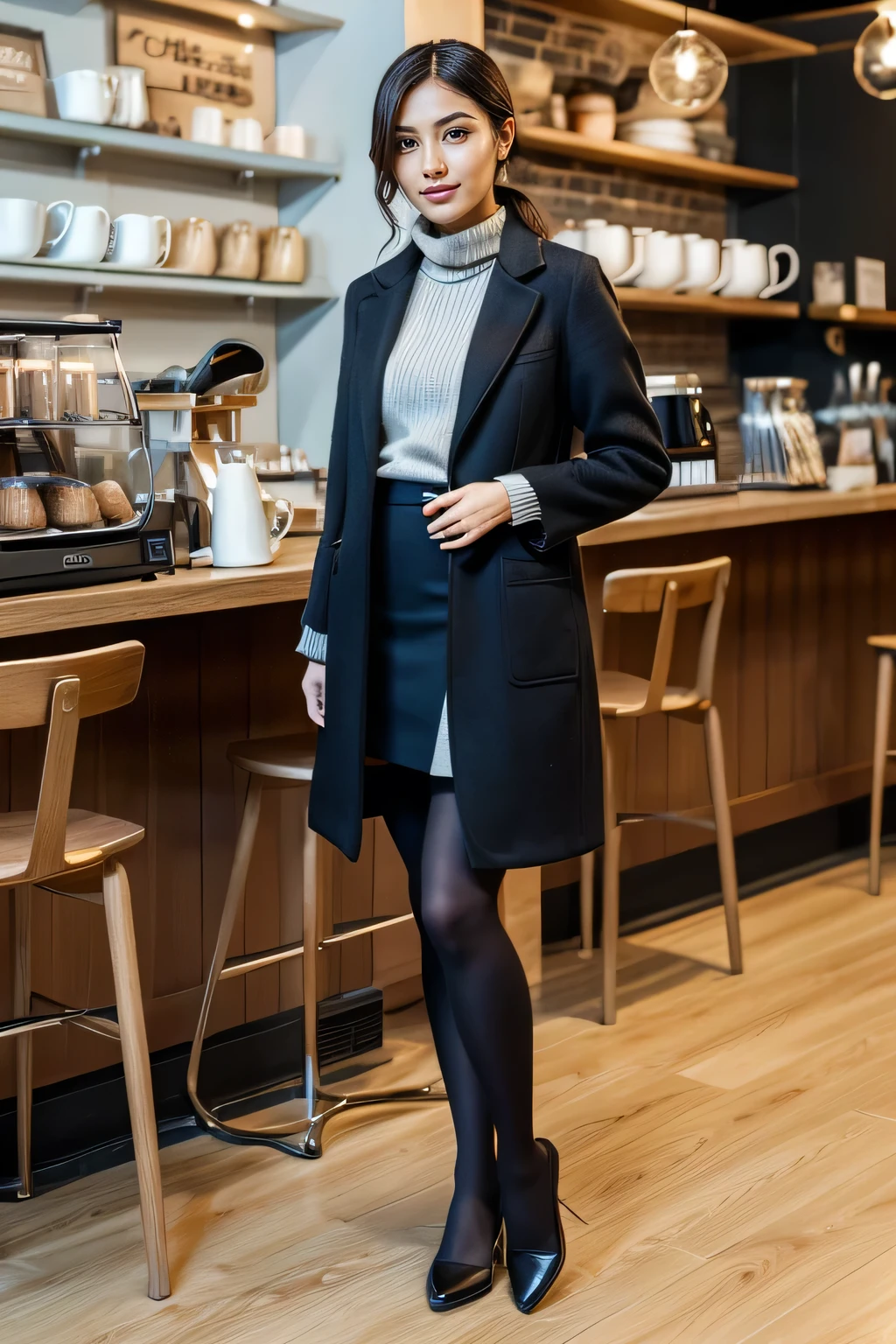 high quality,16K:1.1),(, women sitting on chairs in a coffee shop）、Full Body Shot:1.2),ブロンドの髪、ウェーブのかかった髪、ear piercing、smile、Beautiful teeth alignment、((coat、sweater、Knee-length skirt、tights、靴は履いてません)), ,(View your audience:1.3),Coffee shop in the background
