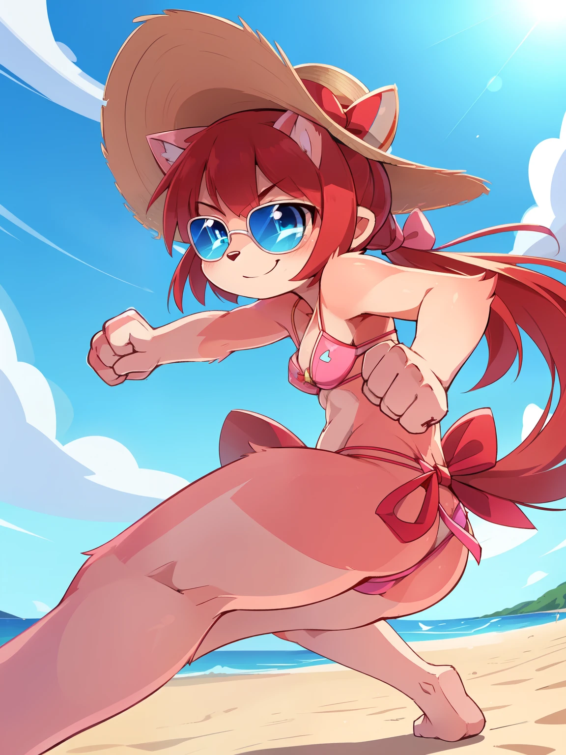 score_9,score_8_up,score_7_up, source_cartoon, source_furry, furry girl, cat, red hair, Knight bangs hairstyle, long ponytail, anime style, medium breasts, blue eyes, ((bright pink bikini Bandeau with bow in the center, side bows at the bottom, Sunglasses and wide-brimmed hat)), high quality, detailed body, detailed eyes, detailed face, masterpiece, glistening body, detailed body fur, best quality, two tone body, pink fur, clear pink fur, perfect lighting, perfect shadows, perfect eyes, perfect hair, perfect face, gorgeous body, skinny, standing, solo, :3, smilling, standing, beach, clear sky, glowing blue eyes, outdoors, from above, fight, dynamic action shot, speed lines, motion blur, fighter pose, feet with three toes, ((punch act, fist, fist focus, punch)), detailed fist, detailed punch, jump, on air,