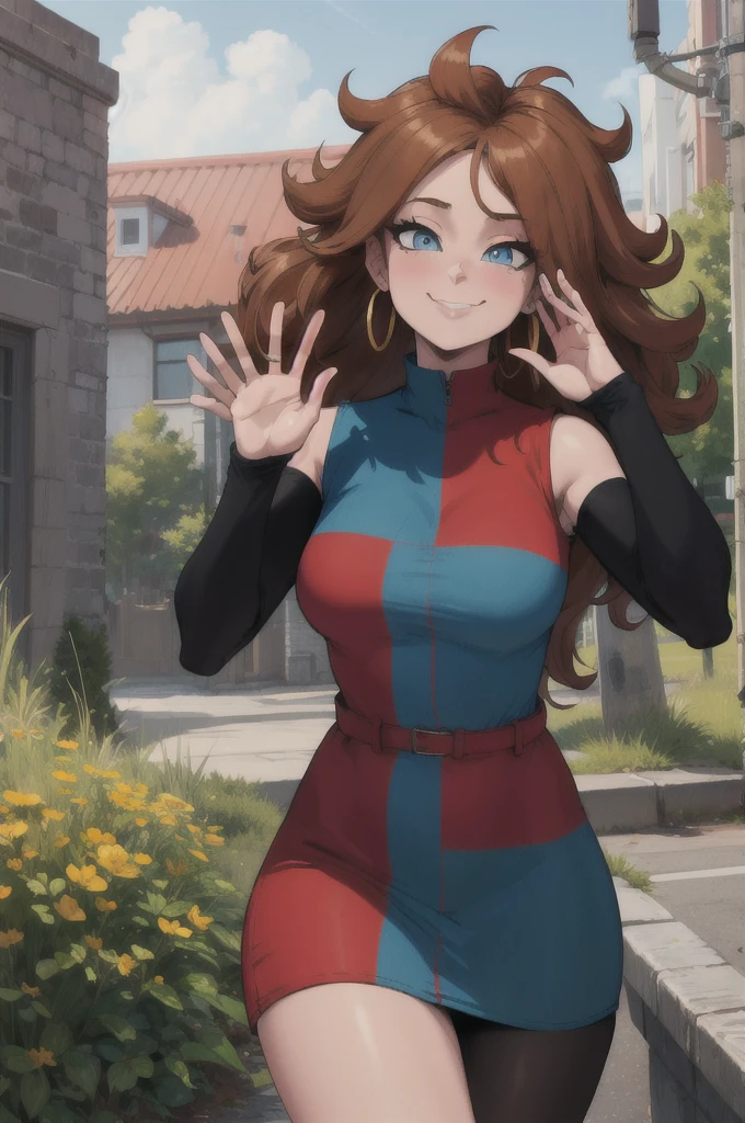 work of art, best qualityer, high resolution, aaandro, chestnut hair, long hair, curly hair, blue colored eyes, hoop earings, two-tone dress, plaid dress, sleeveless, black pantyhose, Dragon sphere, plein-air, waving, ssmile, gaping mouth,