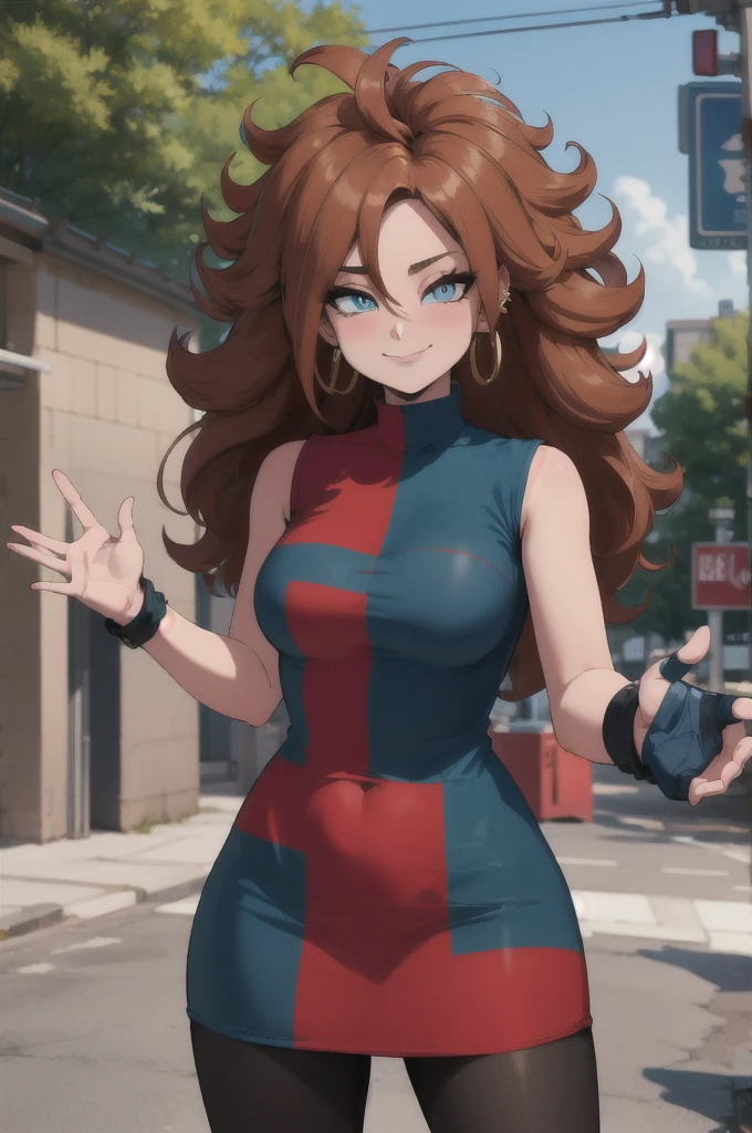 work of art, best qualityer, high resolution, aaandro, chestnut hair, long hair, curly hair, blue colored eyes, hoop earings, two-tone dress, plaid dress, sleeveless, black pantyhose, Dragon sphere, plein-air, waving, ssmile, gaping mouth,