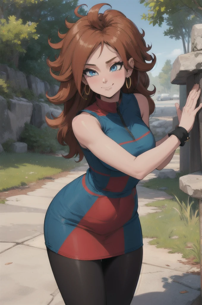 work of art, best qualityer, high resolution, aaandro, chestnut hair, long hair, curly hair, blue colored eyes, hoop earings, two-tone dress, plaid dress, sleeveless, black pantyhose, Dragon sphere, plein-air, waving, ssmile, gaping mouth,