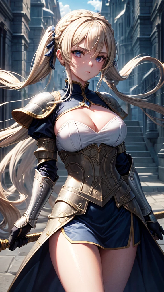 “Create a high-resolution, dynamic scene set in medieval Europe. The central figure is a glamorous woman with long blonde hair styled in twin tails, each adorned with braids. She has striking gray eyes and wears a suit of armor. In one hand, she wields a sword with confidence. The background features a majestic medieval European castle under a bright blue sky dotted with clouds. The scene captures her in a moment of fearless combat, evoking the epic feel of a movie. Pay attention to intricate details and ensure the image is vibrant and full of energy.”