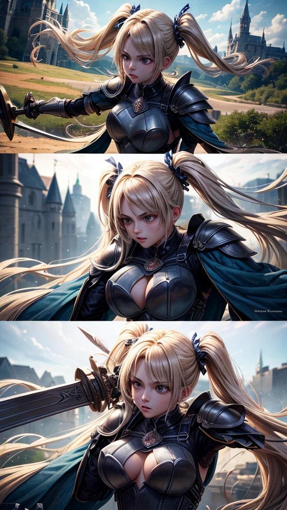 “Create a high-resolution, dynamic scene set in medieval Europe. The central figure is a glamorous woman with long blonde hair styled in twin tails, each adorned with braids. She has striking gray eyes and wears a suit of armor. In one hand, she wields a sword with confidence. The background features a majestic medieval European castle under a bright blue sky dotted with clouds. The scene captures her in a moment of fearless combat, evoking the epic feel of a movie. Pay attention to intricate details and ensure the image is vibrant and full of energy.”