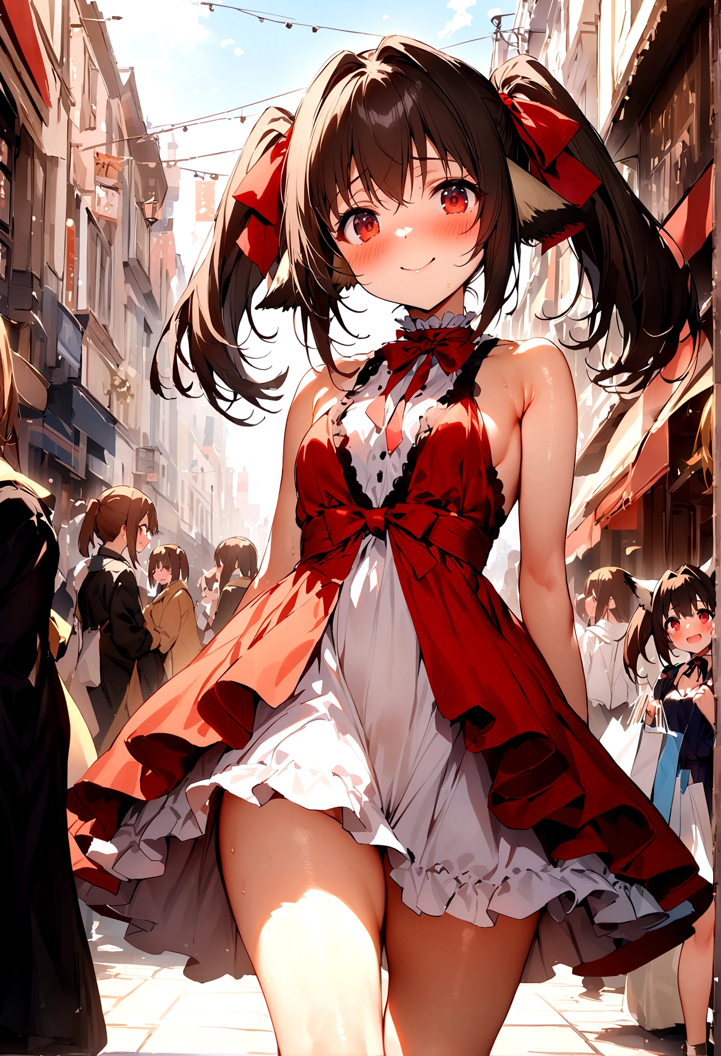 NSFW,masterpiece,Highest quality,High resolution,Super detailed,nekone \(utawarerumono\),Brown Hair、(Red Eye:1.3)、ribbon,Animal Ears,Twin tails、ヘアribbon、Mole、目の下のMole,Small breasts,High-quality silk dress,blush,Expecting face,Be nervous,smile,bustling street,Shopping