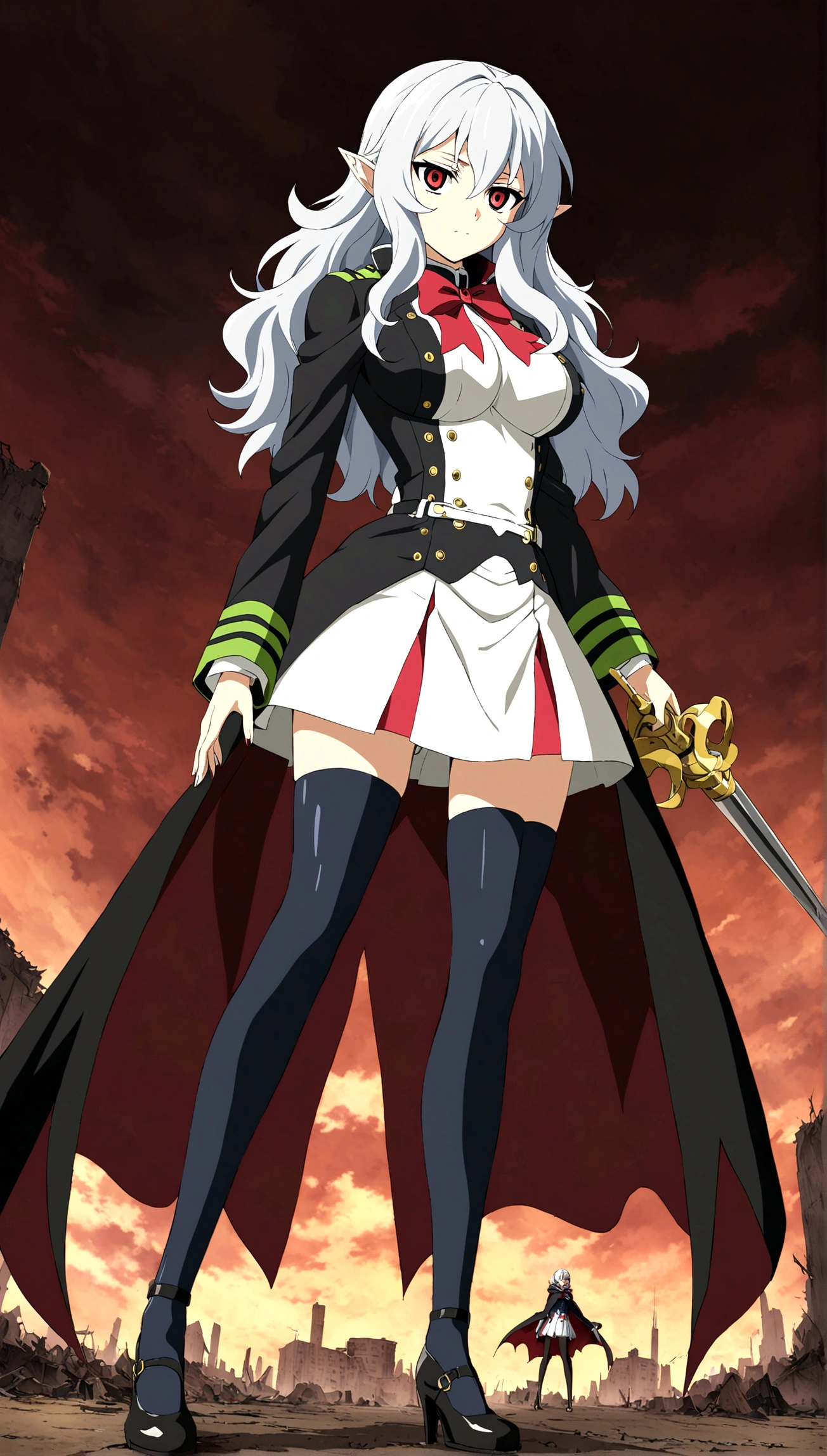 Anime. Owari no Seraph. 1 Girl. Dear . A vampire. Progenitor Clumsy. Silver hair. Wavy hair. Long hair. Red eyes. Beautiful eyes. Perfect eyes. Expressive eyes. Ideal face. Perfect body. Beautiful long ones. legs. Beautiful nose. 18 years. Big breasts. Standing. Full length Beautiful character design. Shiny skin. Pointy ears. White dress. Vampire uniform dress from
Owari no Seraph. Black stockings. Heeled shoes. Rapier in right hand. Ruins of Tokyo. Full body. NSWF. Official art. Extremely detailed CG Unity 8k wallpaper. Ideal lighting. Ultra high resolution 4K. Super detailed 8K. A high resolution.