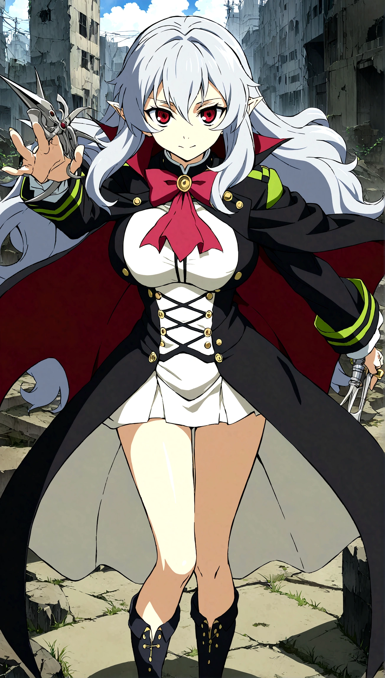 Anime. Owari no Seraph. 1 Girl. Dear . A vampire. Progenitor Clumsy. Silver hair. Wavy hair. Long hair. Red eyes. Beautiful eyes. Perfect eyes. Expressive eyes. Ideal face. Perfect body. Beautiful long ones. legs. Beautiful nose. 18 years. Big breasts. Standing. Full length Beautiful character design. Shiny skin. Pointy ears. White dress. Vampire uniform dress from
Owari no Seraph. Black stockings. Heeled shoes. Rapier in right hand. Ruins of Tokyo. Full body. NSWF. Official art. Extremely detailed CG Unity 8k wallpaper. Ideal lighting. Ultra high resolution 4K. Super detailed 8K. A high resolution.