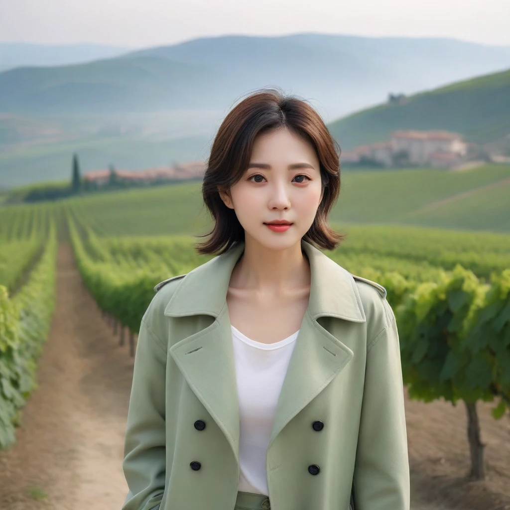 k Best picture quality, Beautiful 36-year-old Korean woman, You have good skin and big and pretty eyes... clear and nice weather. Chest size 34 inches, italian countryside, past the vineyard, The cathedral can be seen in the distance in thick fog.., The back background is realistic and vivid quality., Short and medium hair blowing in the wind, Wearing a light green casual trench coat over a t-shirt. beige casual pants, I'm smiling. Standing on a hill overlooking vineyards. the background is clear, Short and slim Korean woman, stand far away, Photo taken with a wide-angle lens, One woman with big and pretty eyes, eyes are round and big