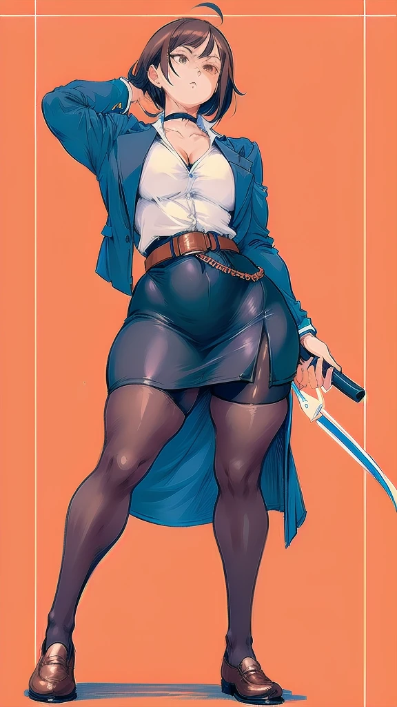 Full body image of Nobara Kugisaki, full body in image, wearing her original (dark blue jacket and skirt, brown belt, black stockings, and brown shoes), short hair, female body, curvy body, dynamic pose, detailed pose, simple background, expressive face, focus on face, line art, sketch