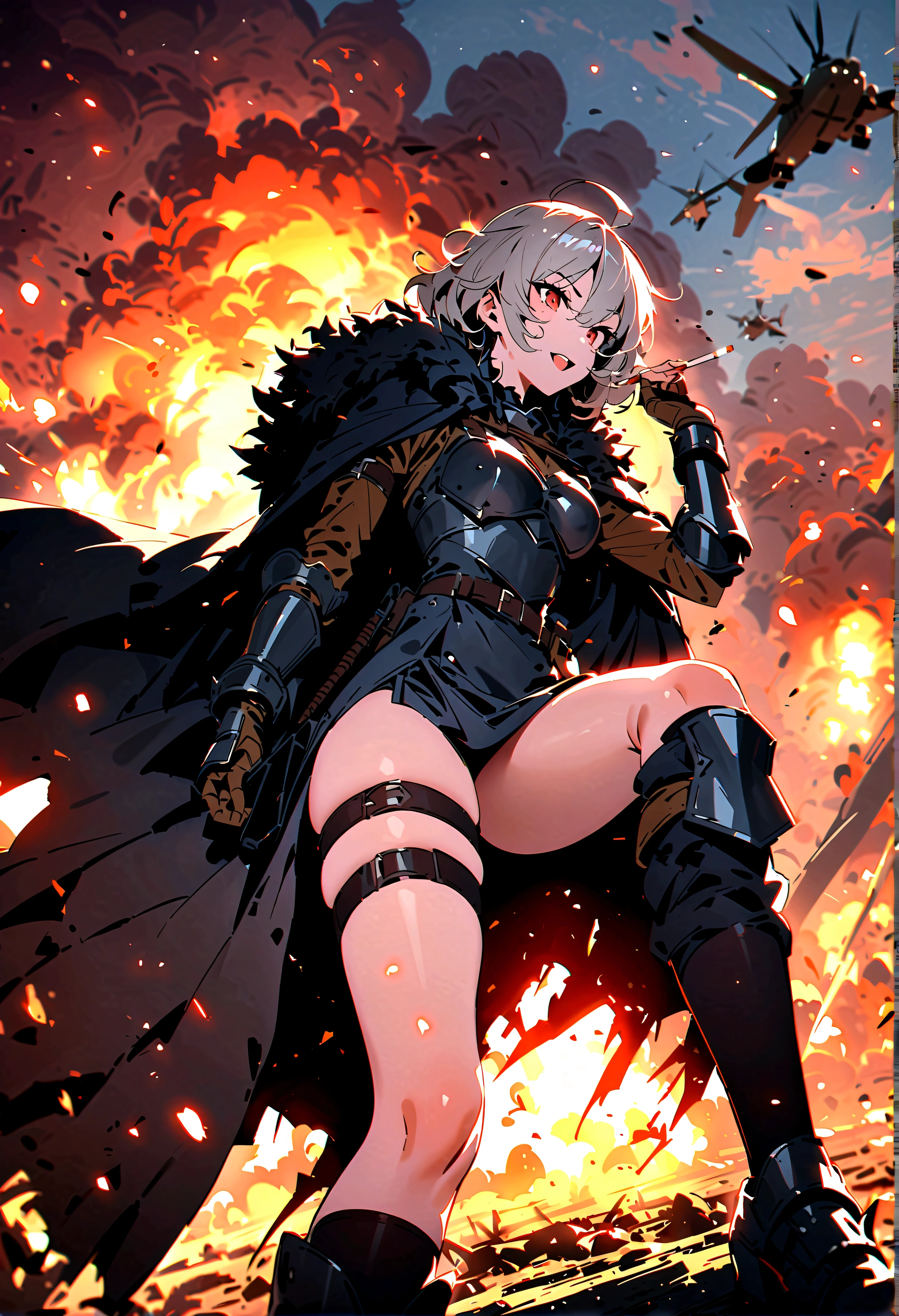 (masterpiece、Highest quality、detailed)、Female 1 person、solo、Staring at the audience、、Ajda、short hair、Gray Hair、Headpiece、Fur trim、Black Cape、armor、armorのドレス、Gauntlet、Black thigh-high socks、Wicked Smile、war、Outdoor、Second World War、fire、burn、sit、Crossing your legs、whole body、Ahoge、Cloudy、explosion、cigarette、Military Vehicles、Thighs、Open lips