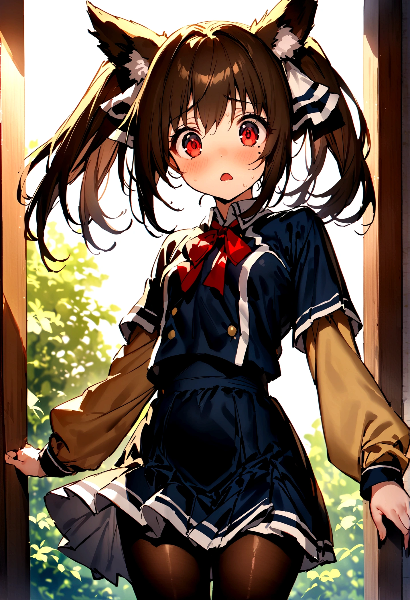 NSFW,masterpiece,Highest quality,High resolution,Super detailed,nekone \(utawarerumono\),Brown Hair、(Red Eye:1.3)、ribbon、Animal Ears、Twin tails、ヘアribbon、Mole、目の下のMole,Small breasts,uniform,mini skirt,pantyhose,Shocked face,Confused eyes,School