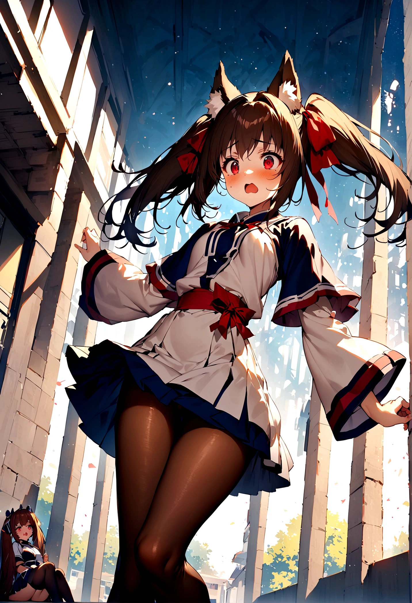 NSFW,masterpiece,Highest quality,High resolution,Super detailed,nekone \(utawarerumono\),Brown Hair、(Red Eye:1.3)、ribbon、Animal Ears、Twin tails、ヘアribbon、Mole、目の下のMole,Small breasts,uniform,mini skirt,pantyhose,Shocked face,Confused eyes,School