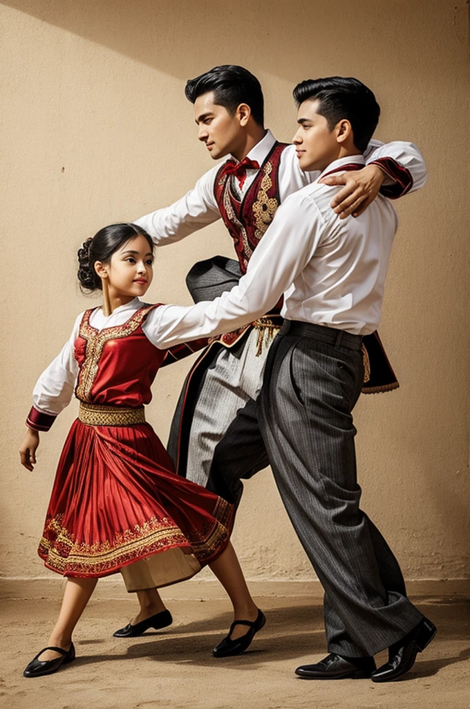 Create a drawing of two typical Folkloric dance dancers, a man with a formal shirt and pants and a woman with a long fluttery dress.