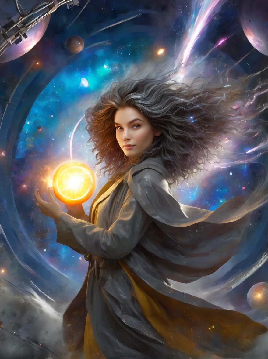 (masterpiece, best_quality, ultra-detailed, immaculate:1.3), epic, illustration, welcoming, 1girl, (Astrologer:1.5), dark silver hair, Micro Braids, casting spell, in a  nebula, in a messy nuclear fusion plant, bombshell hair, bright brown hair, medium hair, star hands