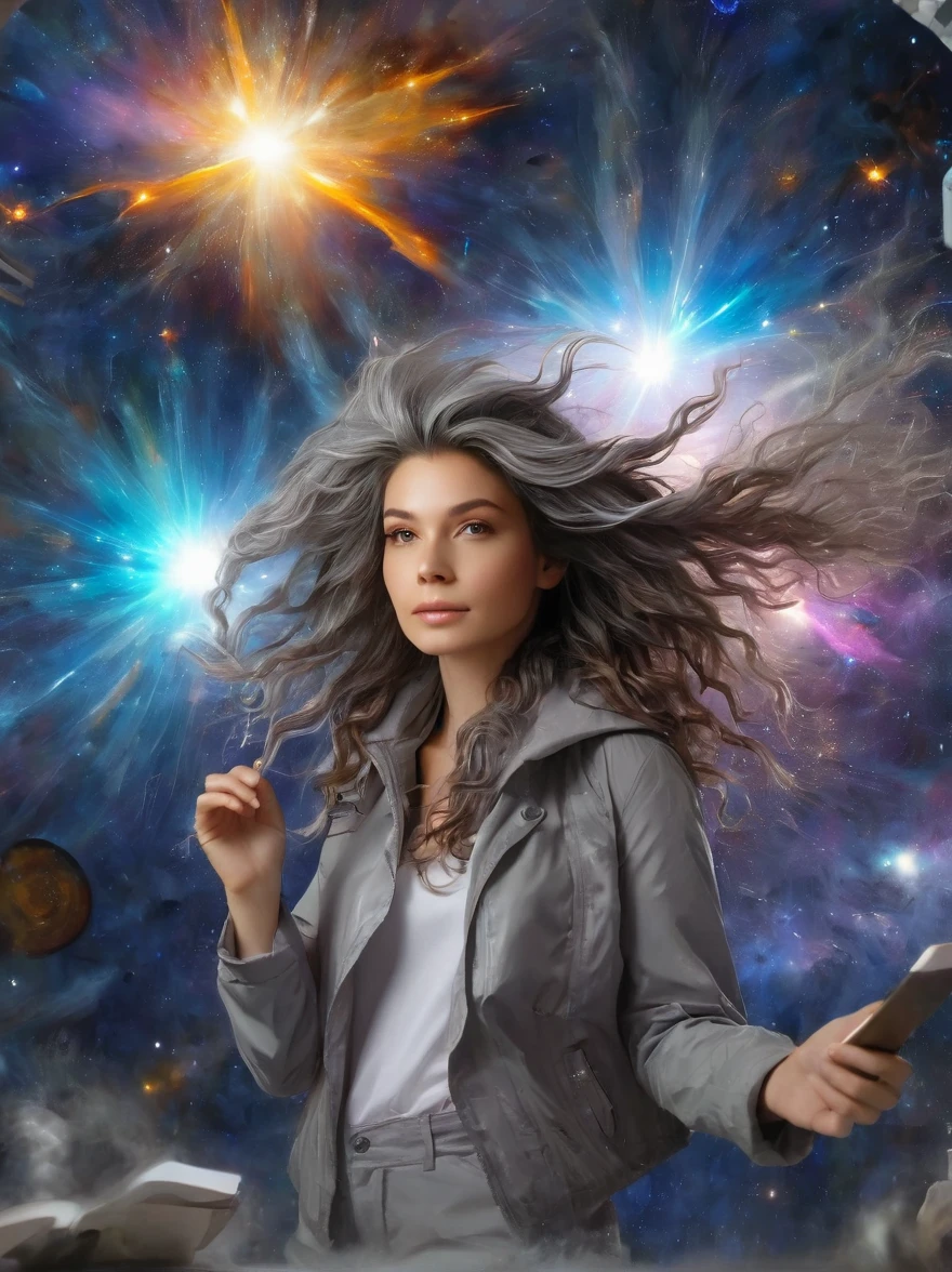 (masterpiece, best_quality, ultra-detailed, immaculate:1.3), epic, illustration, welcoming, 1girl, (Astrologer:1.5), dark silver hair, Micro Braids, casting spell, in a  nebula, in a messy nuclear fusion plant, bombshell hair, bright brown hair, medium hair, star hands