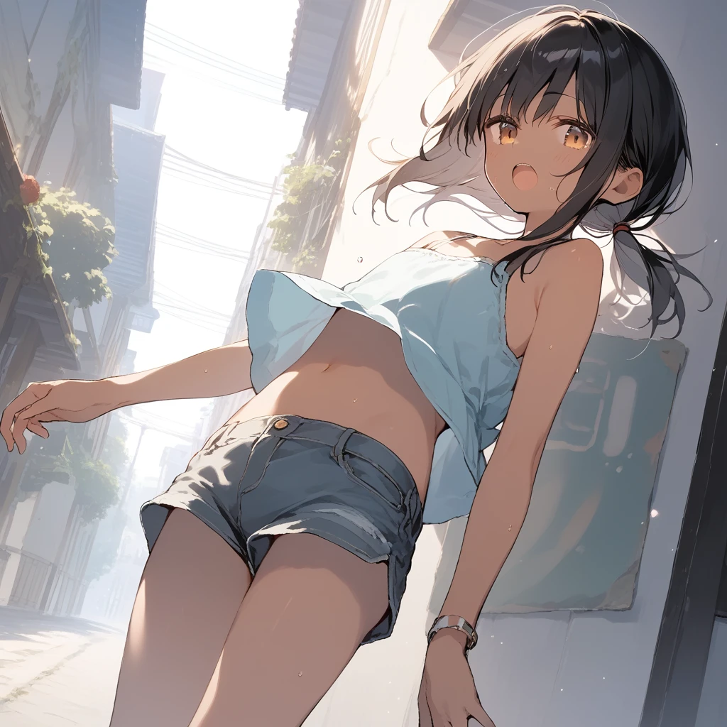 score_9, score_8_up, score_7_up, source_anime, best quality, masterpiece, official art, absurdres, highres, ultra-detailed,waifu2x,Collection: Slice of Life,break,1girl, tomboy, dark-skinned female, short hair, low ponytail, flat chest, beautiful detailed eyes, short shorts, sweat, open mouth, (yawn:0.3), sleepily, outdoors, wind,break,(clear line illustration:1.2), super detailed skin,very high resolution, very aesthetic, Best sexual lighting powered by famous artist, 8k,cute picture,beauty illustration,photoshop_(medium),,(Detailed Lighting),best anime 8k konachan wallpaper, pixiv contest winner,