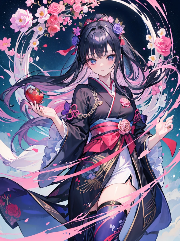 Anime illustration、masterpiece、Highest quality、One girl、Long straight black hair、Her hair is decorated with a ribbon and roses.、Wearing a kimono、The pattern is blue roses、Eyes are a violet gradation、The season is summer dusk、The background is the port、Nippon Maru is at anchor、Summer grass grows