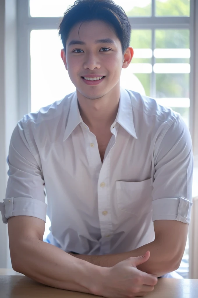 ((Highest quality, 8K, Masterpiece: 1.3))、Thailand Laos Burma Asia, Thai man, A handsome Asian rugby player with short hair, a muscular beard, and big muscles., 1A man who has、 yo、Good appearance、Beautiful nose、smile、 Detailed eyes and face、beautiful light、(studio)、high resolution、(Look at the viewer.)、Fine mouth、smile、whole body: 1.5, perfect shape: 1.3, looking at camera ,Gray button-down shirt , bedroom sunlight looking at the sea