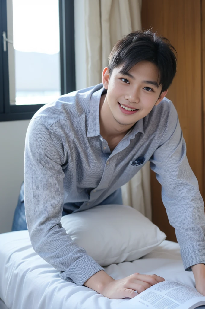 ((Highest quality, 8K, Masterpiece: 1.3))、Thailand Laos Burma Asia, Thai man, A handsome Asian rugby player with short hair, a muscular beard, and big muscles., １A man who has、 yo、Good appearance、Beautiful nose、smile、 Detailed eyes and face、beautiful light、(studio)、high resolution、（Look at the viewer.）、Fine mouth、smile、whole body: 1.5, perfect shape: 1.3, Picture of both shoulders:1.3, Navy blue round neck t-shirt:1.5