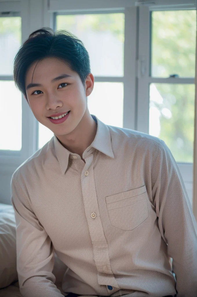 ((Highest quality, 8K, Masterpiece: 1.3))、Thailand Laos Burma Asia, Thai man, A handsome Asian rugby player with short hair, a muscular beard, and big muscles., 1A man who has、 yo、Good appearance、Beautiful nose、smile、 Detailed eyes and face、beautiful light、(studio)、high resolution、(Look at the viewer.)、Fine mouth、smile、whole body: 1.5, perfect shape: 1.3, looking at camera ,Gray button-down shirt , bedroom sunlight looking at the sea