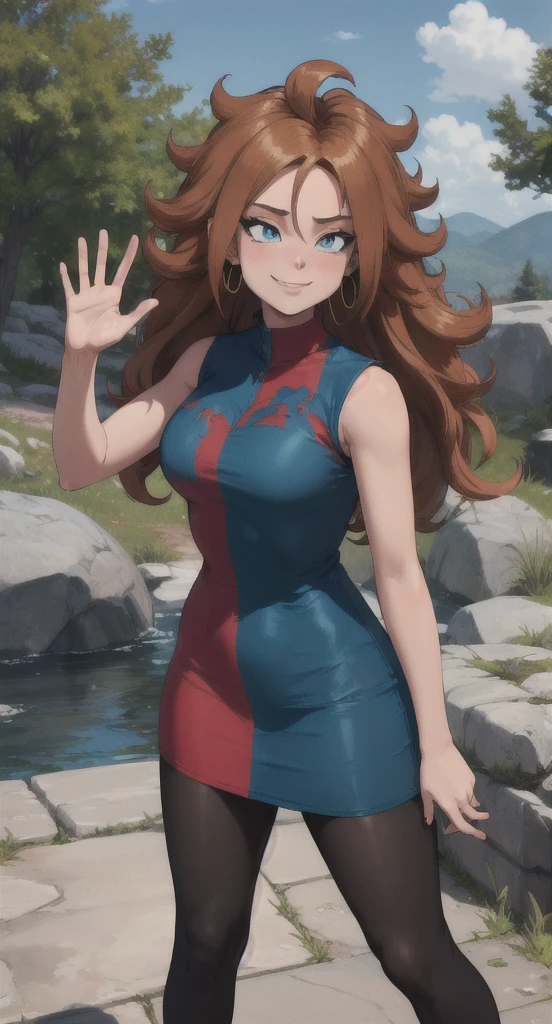 work of art, best qualityer, high resolution, aaandro, chestnut hair, long hair, curly hair, blue colored eyes, hoop earings, two-tone dress, plaid dress, sleeveless, black pantyhose, Dragon sphere, plein-air, waving, ssmile, gaping mouth,