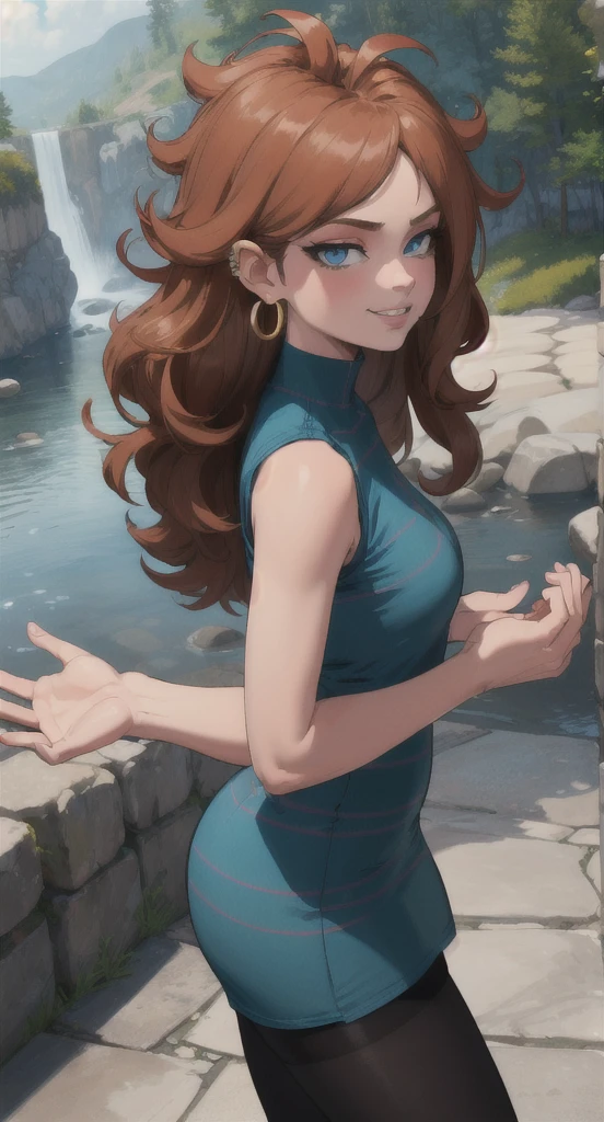 work of art, best qualityer, high resolution, aaandro, chestnut hair, long hair, curly hair, blue colored eyes, hoop earings, two-tone dress, plaid dress, sleeveless, black pantyhose, Dragon sphere, plein-air, waving, ssmile, gaping mouth,