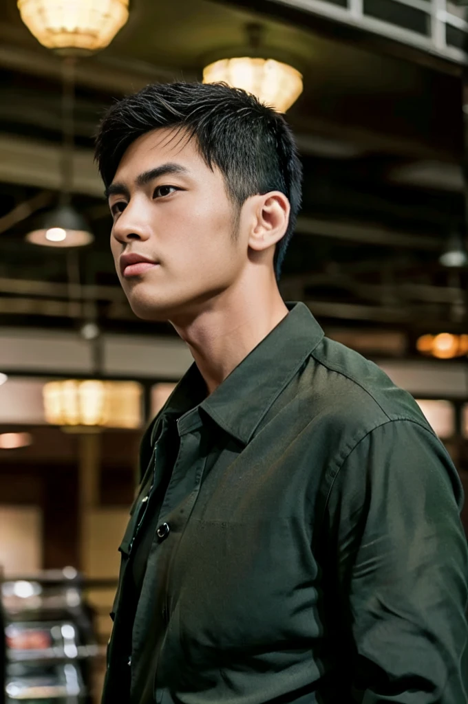 A young Asian man with large muscles looks at the camera. In a dark green button-up shirt. , Department store normal lighting