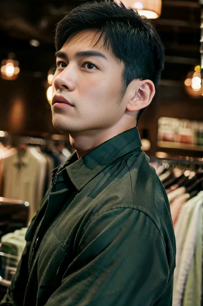 A young Asian man with large muscles looks at the camera. In a dark green button-up shirt. , Department store normal lighting