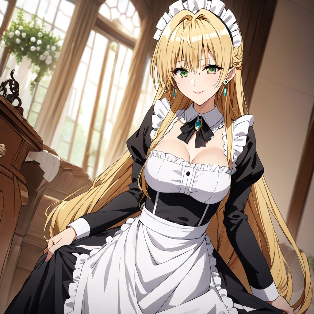 ((Highest quality)), ((masterpiece)), (detailed), （Perfect Face）、The woman is Tierre, with green eyes, medium-long blonde hair, a Victorian maid outfit and maid headband, jeweled earrings, and an engagement ring.、The woman is smiling fondly in a luxurious room、Victorian maid uniforms are a calm, old-fashioned style with long sleeves and a long skirt.