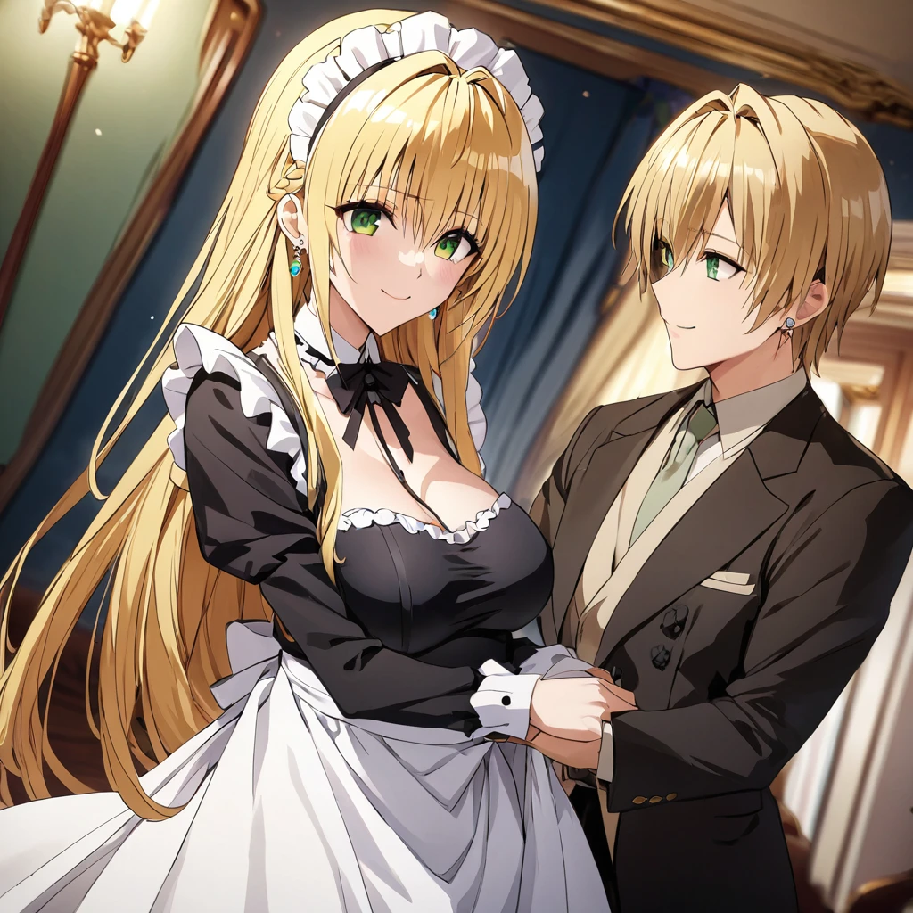 ((Highest quality)), ((masterpiece)), (detailed), （Perfect Face）、The woman is Tierre, with green eyes, medium-long blonde hair, a Victorian maid outfit and maid headband, jeweled earrings, and an engagement ring.、The woman is smiling fondly in a luxurious room、Victorian maid uniforms are a calm, old-fashioned style with long sleeves and a long skirt.