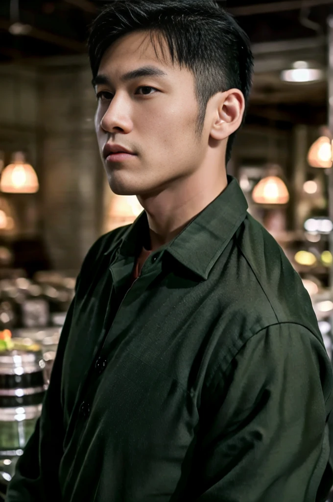 A young Asian man with large muscles looks at the camera. In a dark green button-up shirt. , Department store normal lighting