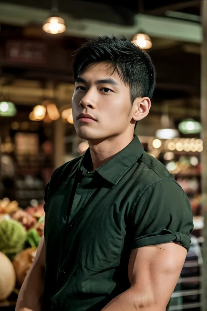 A young Asian man with large muscles looks at the camera. In a dark green button-up shirt. , Department store normal lighting