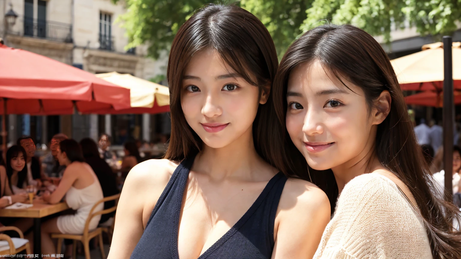 Ultra-realistic、High resolution、High resolution8Kフォトリアリスティック画像。Scenes of Japanese sisters who look completely different。My sister is big, Beautiful Face, Long black hair.、Kind eyes、Elegant atmosphere。my sister is short、Has short brown hair.、Lively expressions、She has a baby face and big breasts、wear a sexy.。background, People at an outdoor cafe in Paris々々sit.。Warm natural light pours in。Both facial details are clearly visible.、If so、everyone&#39;Personality。Create photo book-like page layouts。Detailed human skin:1.24