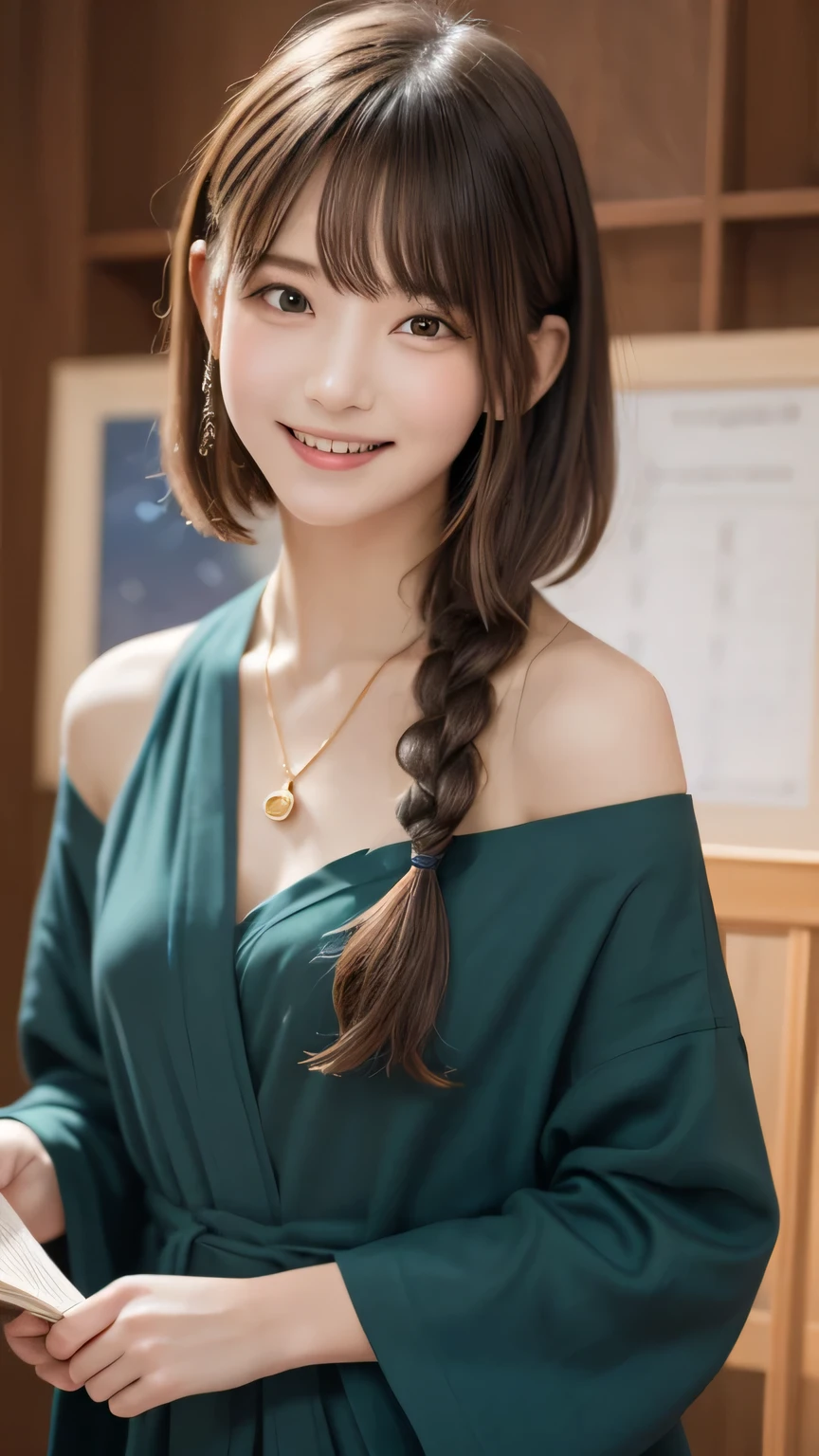 Best picture quality (8K, high resolution, Masterpiece: 1.2), super detailed, 215 Short Hair,Three braids long hair, 16-year-old woman,
situation: Using astrological charts to interpret the client's fate。
clothing: A deep green robe with a flowing design。The robe is embroidered with stars and constellations in gold thread.。A feather shawl draped over her shoulders、Wearing a long pendant。
detailed:
angle: A top-down shot of a man pointing at a chart of the constellations and explaining them。
atmosphere: Serious expressions and a concentrated atmosphere。
background: A desk lined with star charts and astrology books。
Active Pause Focus on upper 腰
, random cute pose ,big eyes ,Puffy eyes , Heart Pupil, blush , huge shy smile , salute
