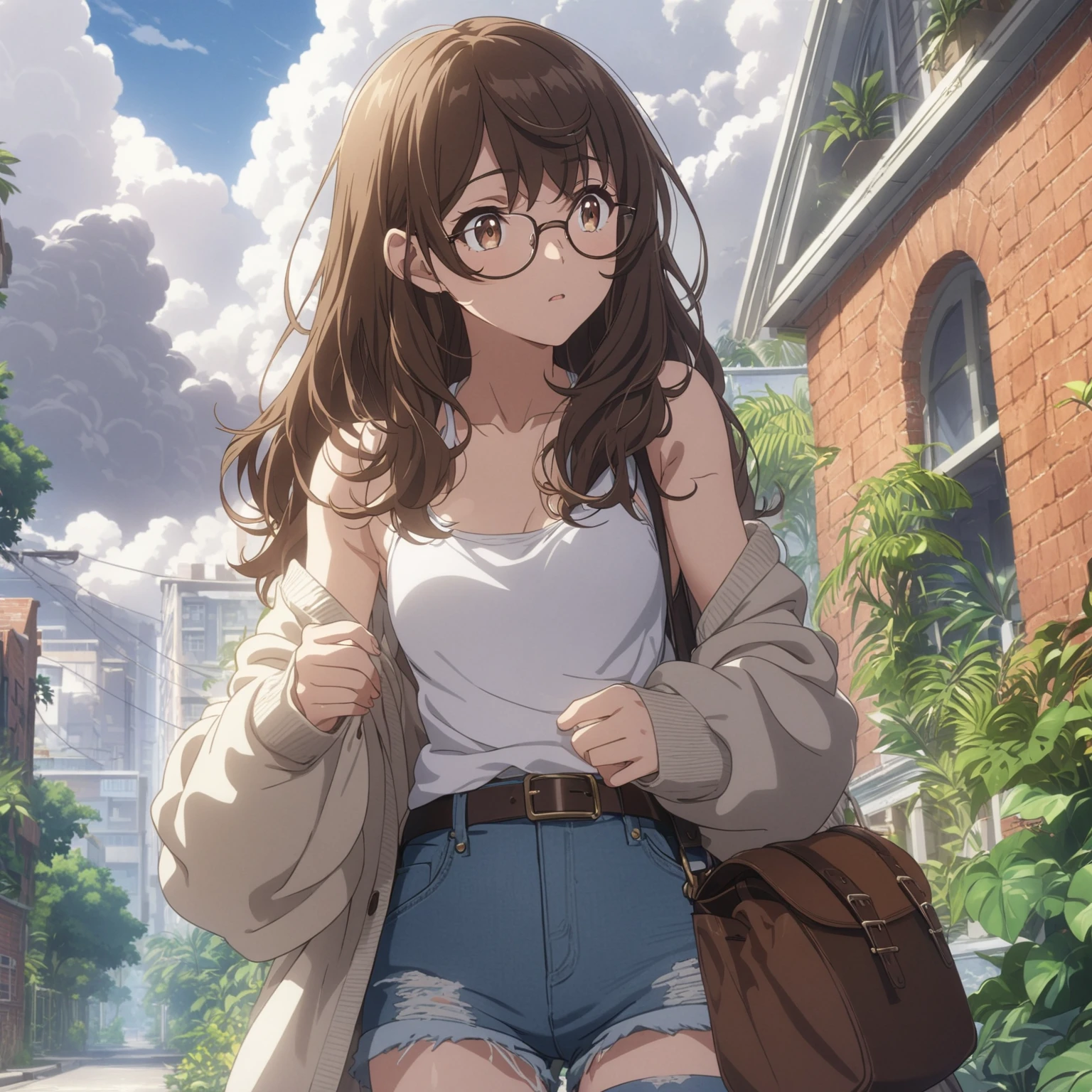 Best quality, masterpiece, small breasts, toned arms, concerned young woman with very long brown hair swept bangs and brown eyes wearing glasses white tank top and jean shorts, baggy sweater, jeans, satchel, brick buildings, tropical plants, outdoors, trees, tropical, plants, thunderhead clouds, anime,
